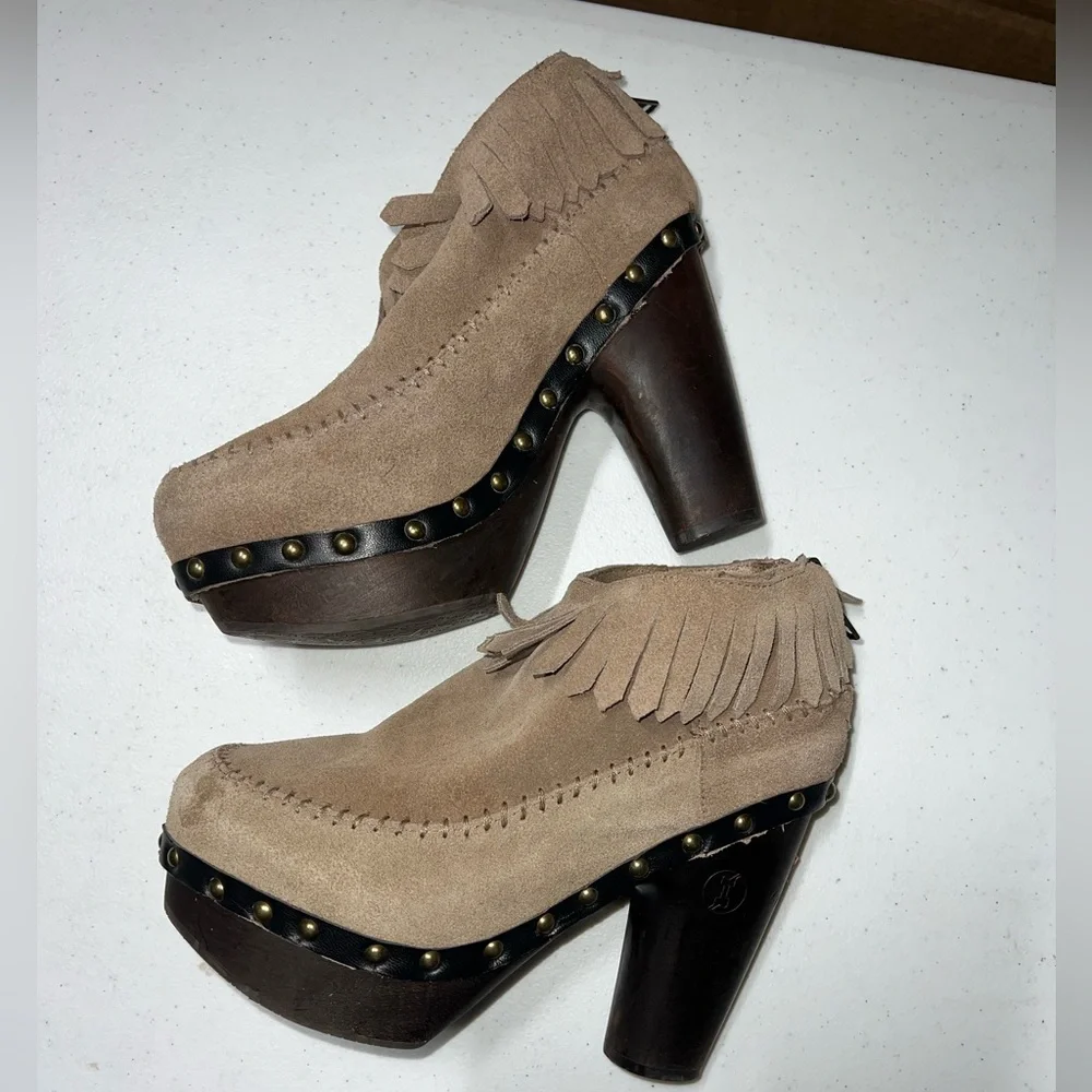 Flogg Fringe Bootie 7 Women's Premium Leather Wooden Platform Heeled‎ -tan